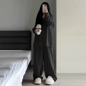 大码春秋季纯色开衫睡衣女长袖可外穿家居服两件套装